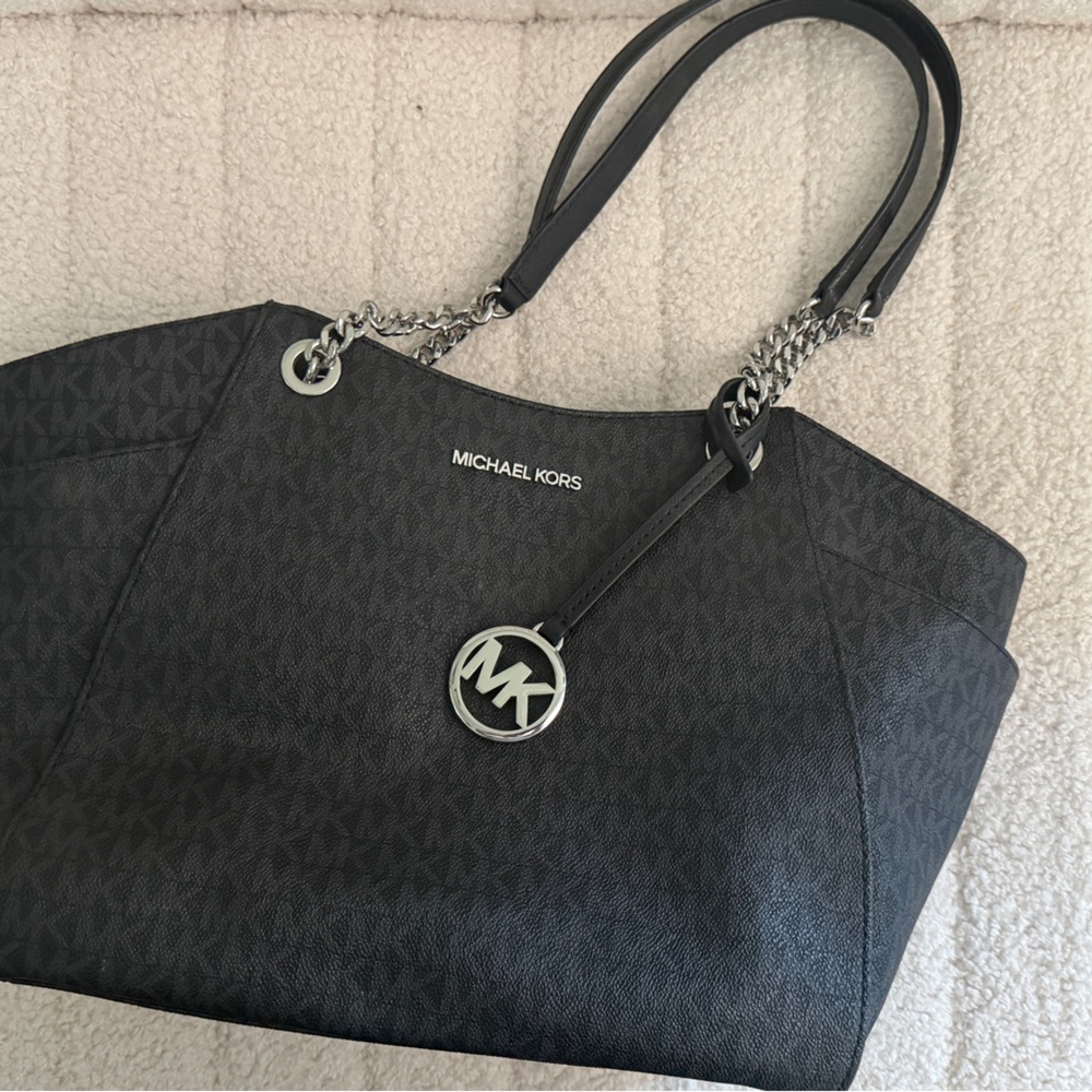 Michael Kors Jet Set Black Signature Tote Style Shoulder Bag Purse
